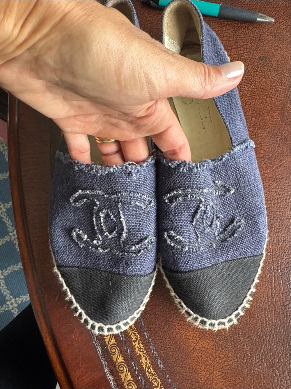 CHANEL Black and Tan Espadrille Flats